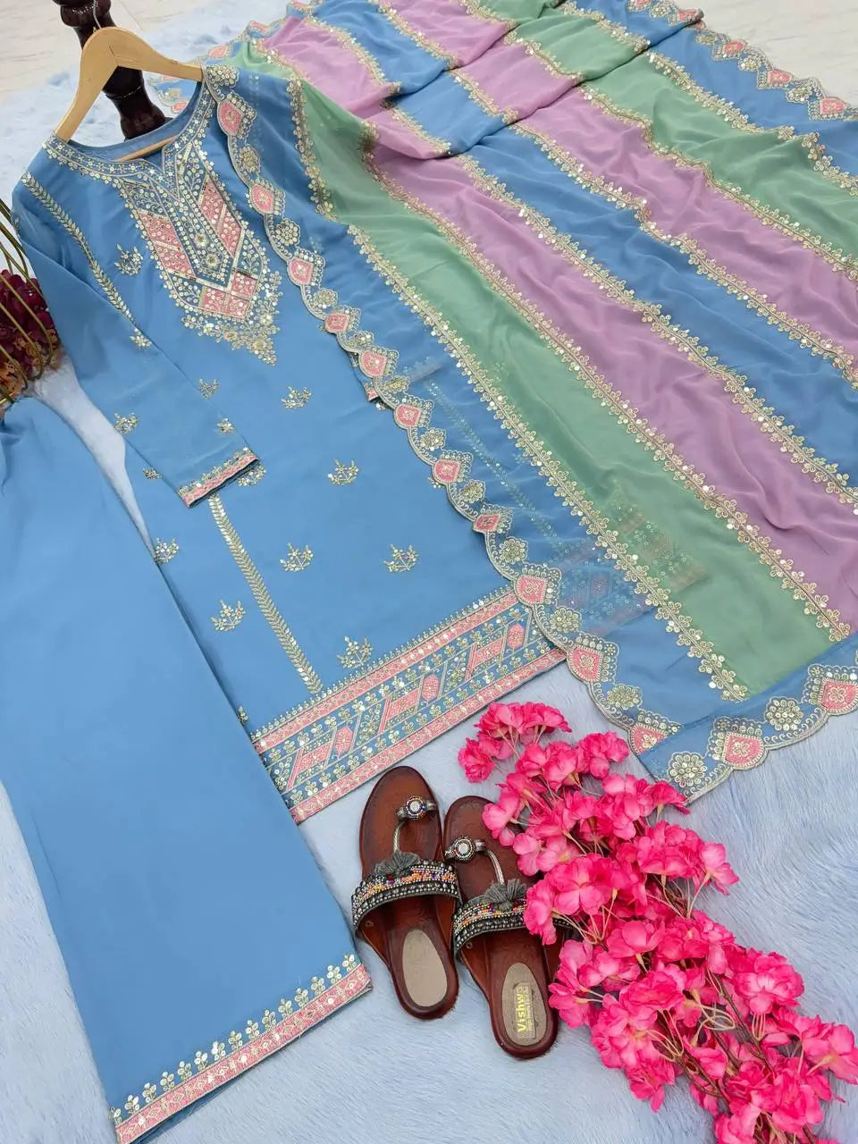 Heavy Faux Georgette Embroidered Palazzo Set with Multicolor Dupatta