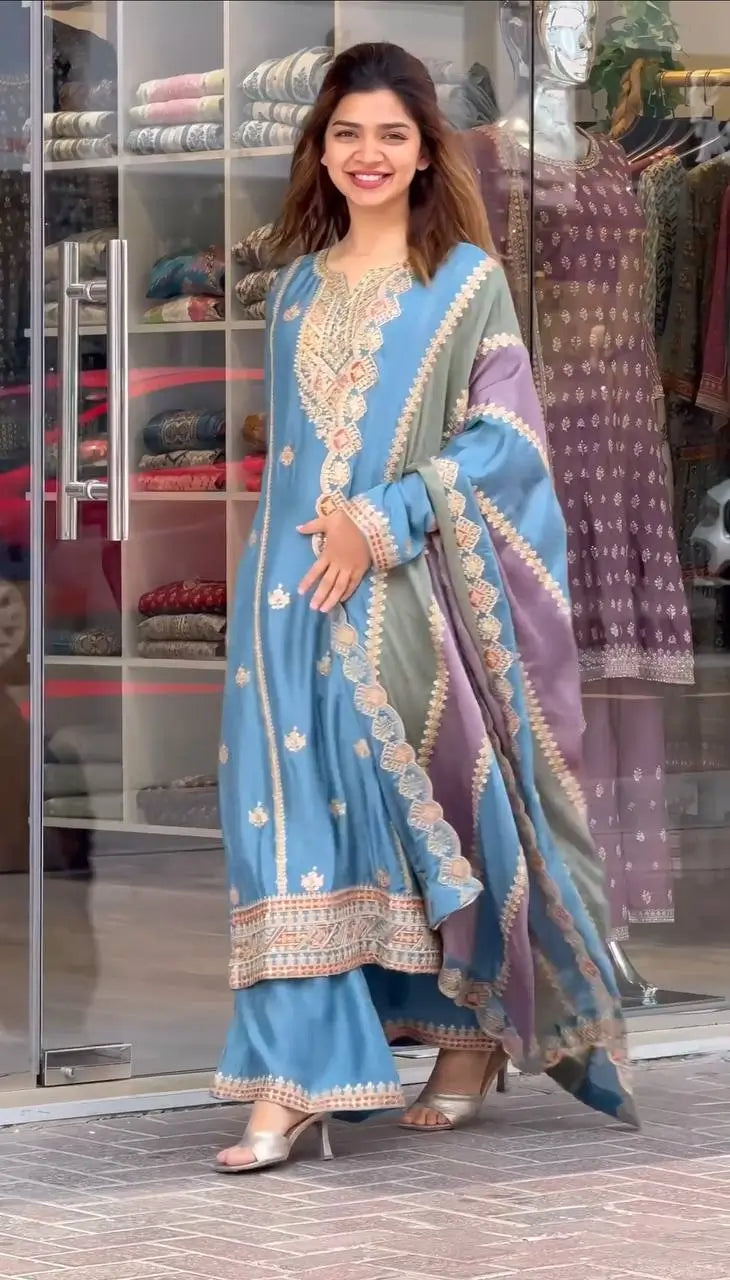 Heavy Faux Georgette Embroidered Palazzo Set with Multicolor Dupatta