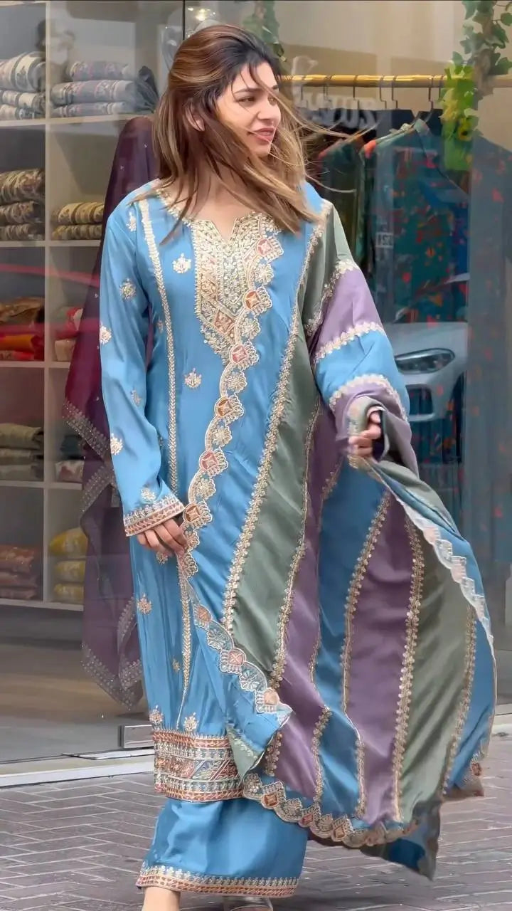 Heavy Faux Georgette Embroidered Palazzo Set with Multicolor Dupatta