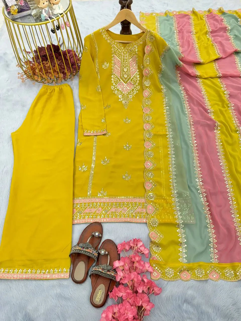 Heavy Faux Georgette Embroidered Palazzo Set with Multicolor Dupatta