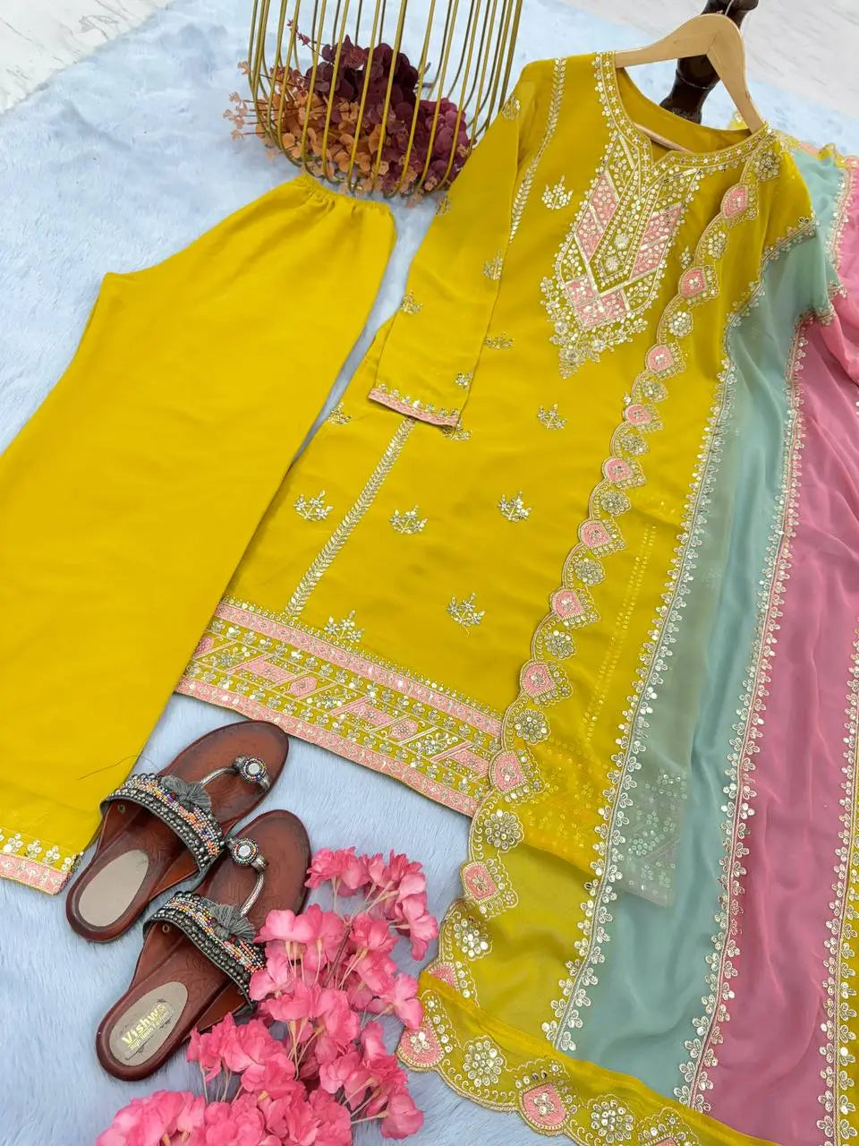 Heavy Faux Georgette Embroidered Palazzo Set with Multicolor Dupatta
