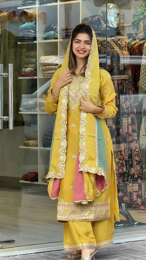 Heavy Faux Georgette Embroidered Palazzo Set with Multicolor Dupatta