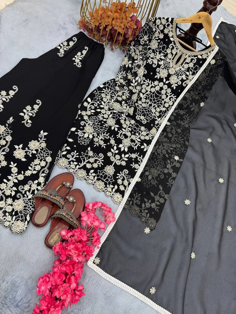 Heavy Faux Georgette Embroidered Palazzo Set with Sequins & Dupatta
