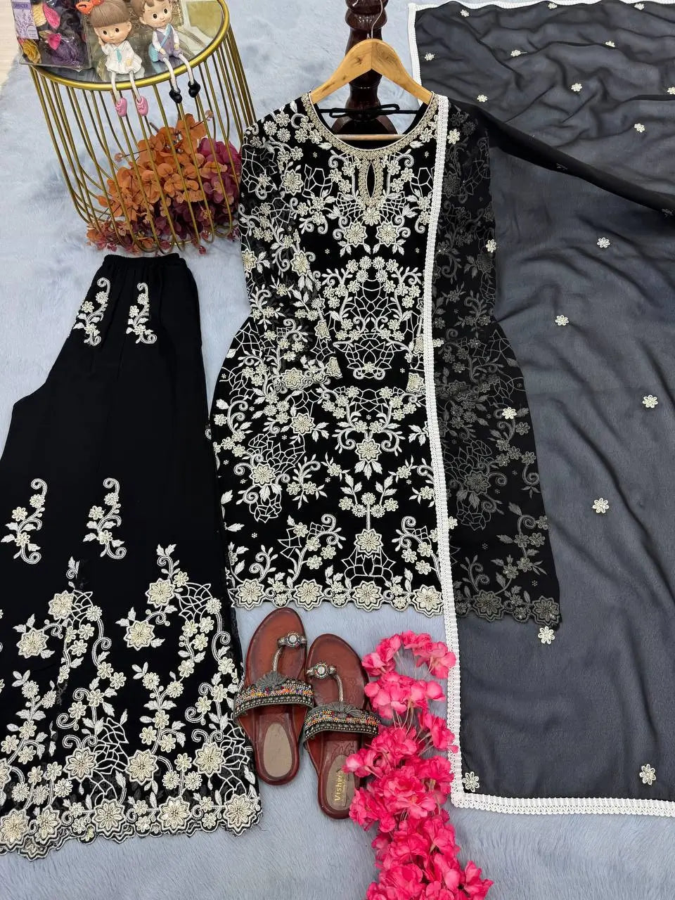 Heavy Faux Georgette Embroidered Palazzo Set with Sequins & Dupatta