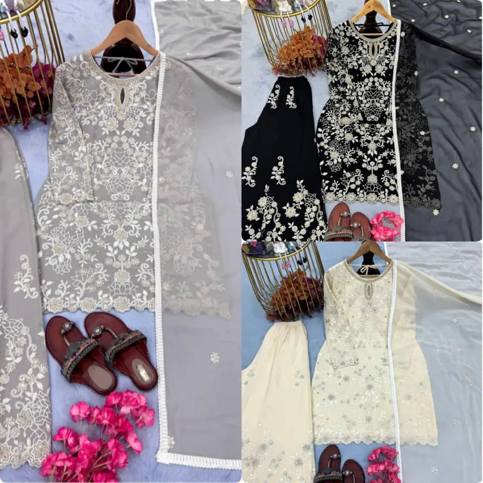 Heavy Faux Georgette Embroidered Palazzo Set with Sequins & Dupatta