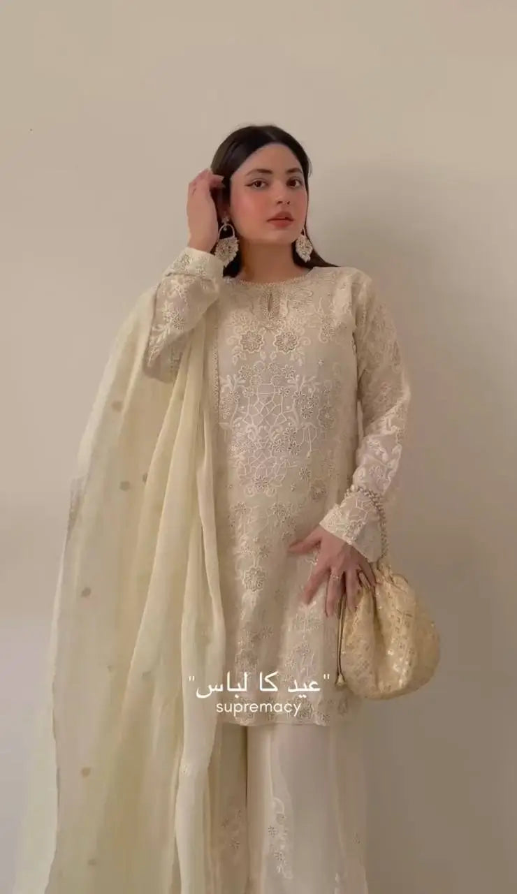 Heavy Faux Georgette Embroidered Palazzo Set with Sequins & Dupatta
