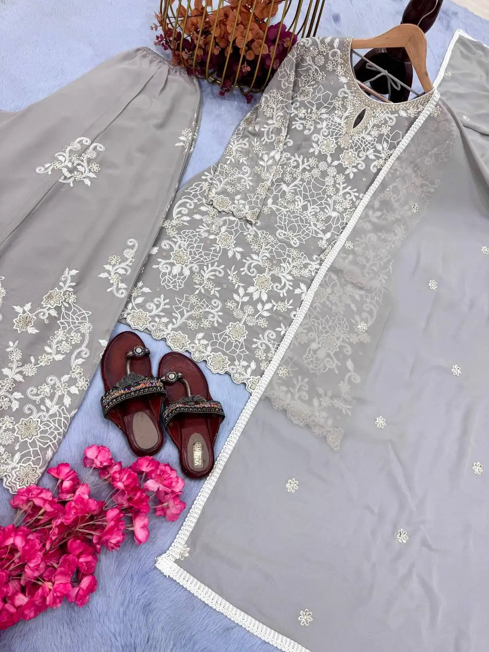 Heavy Faux Georgette Embroidered Palazzo Set with Sequins & Dupatta