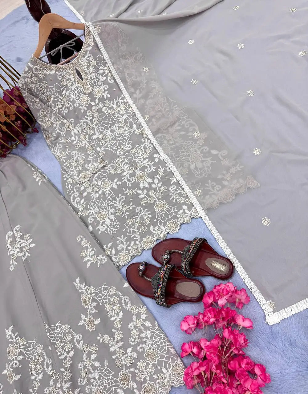Heavy Faux Georgette Embroidered Palazzo Set with Sequins & Dupatta