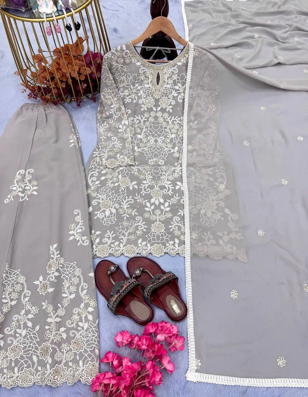Heavy Faux Georgette Embroidered Palazzo Set with Sequins & Dupatta
