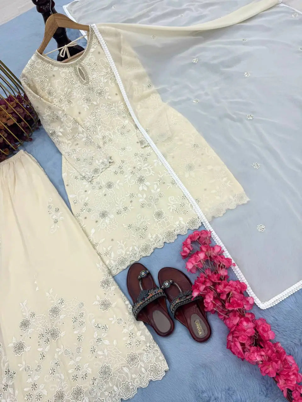 Heavy Faux Georgette Embroidered Palazzo Set with Sequins & Dupatta