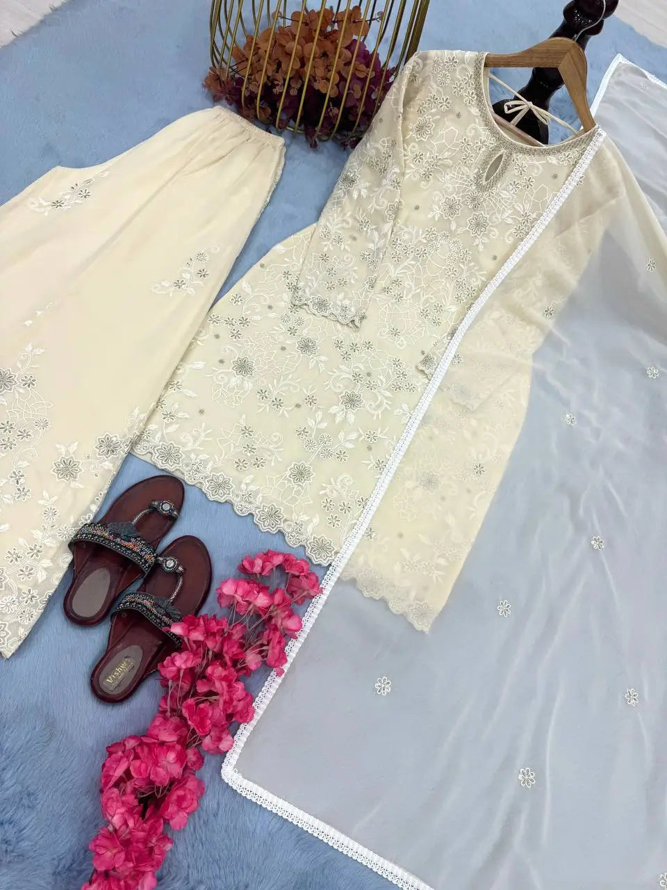 Heavy Faux Georgette Embroidered Palazzo Set with Sequins & Dupatta