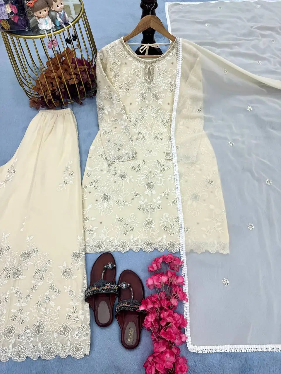 Heavy Faux Georgette Embroidered Palazzo Set with Sequins & Dupatta