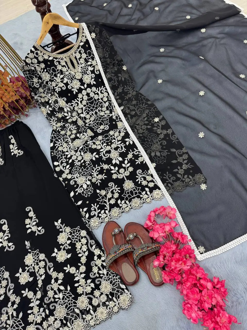 Heavy Faux Georgette Embroidered Palazzo Set with Sequins & Dupatta