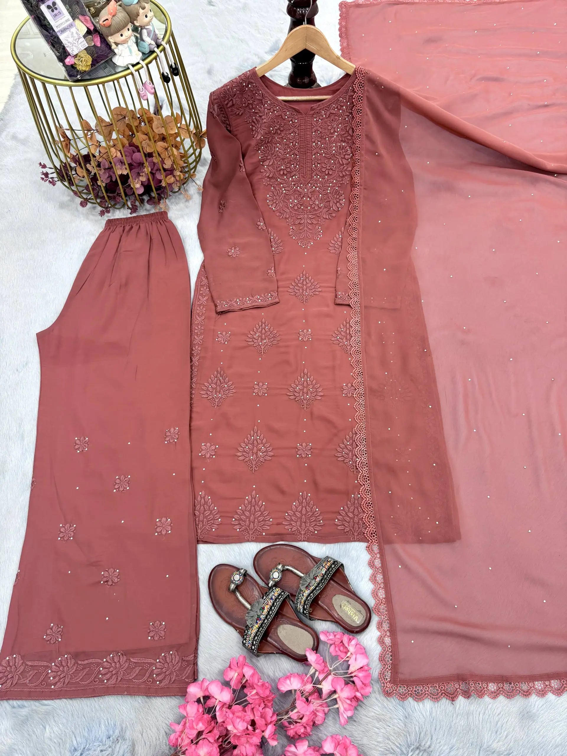 Heavy Faux Georgette Embroidered Plazzo Set with Dupatta – Diamond Hand Work & Lace Border