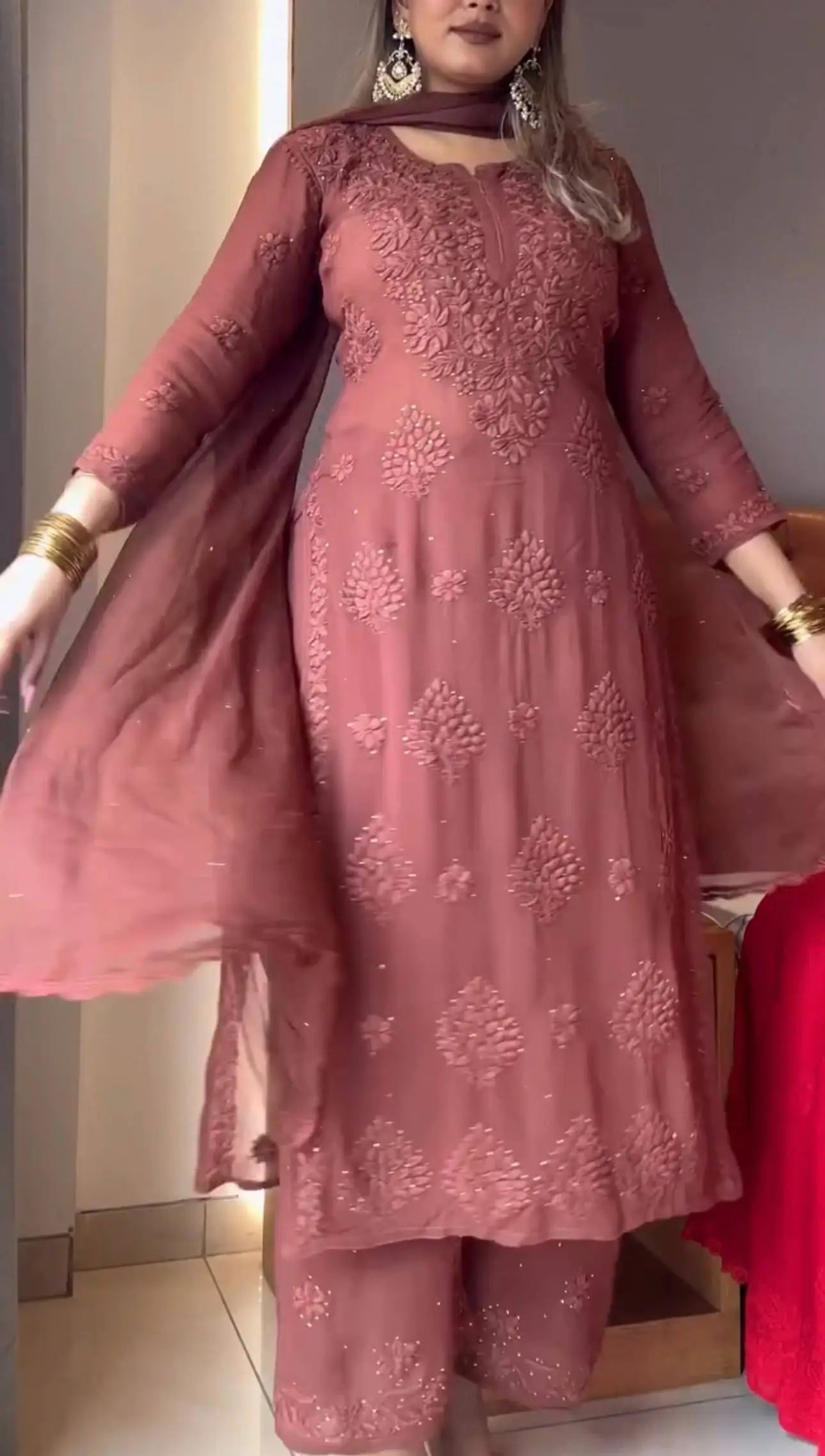Heavy Faux Georgette Embroidered Plazzo Set with Dupatta – Diamond Hand Work & Lace Border