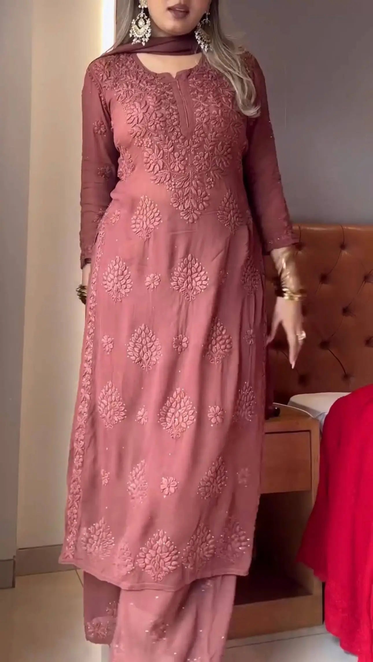 Heavy Faux Georgette Embroidered Plazzo Set with Dupatta – Diamond Hand Work & Lace Border