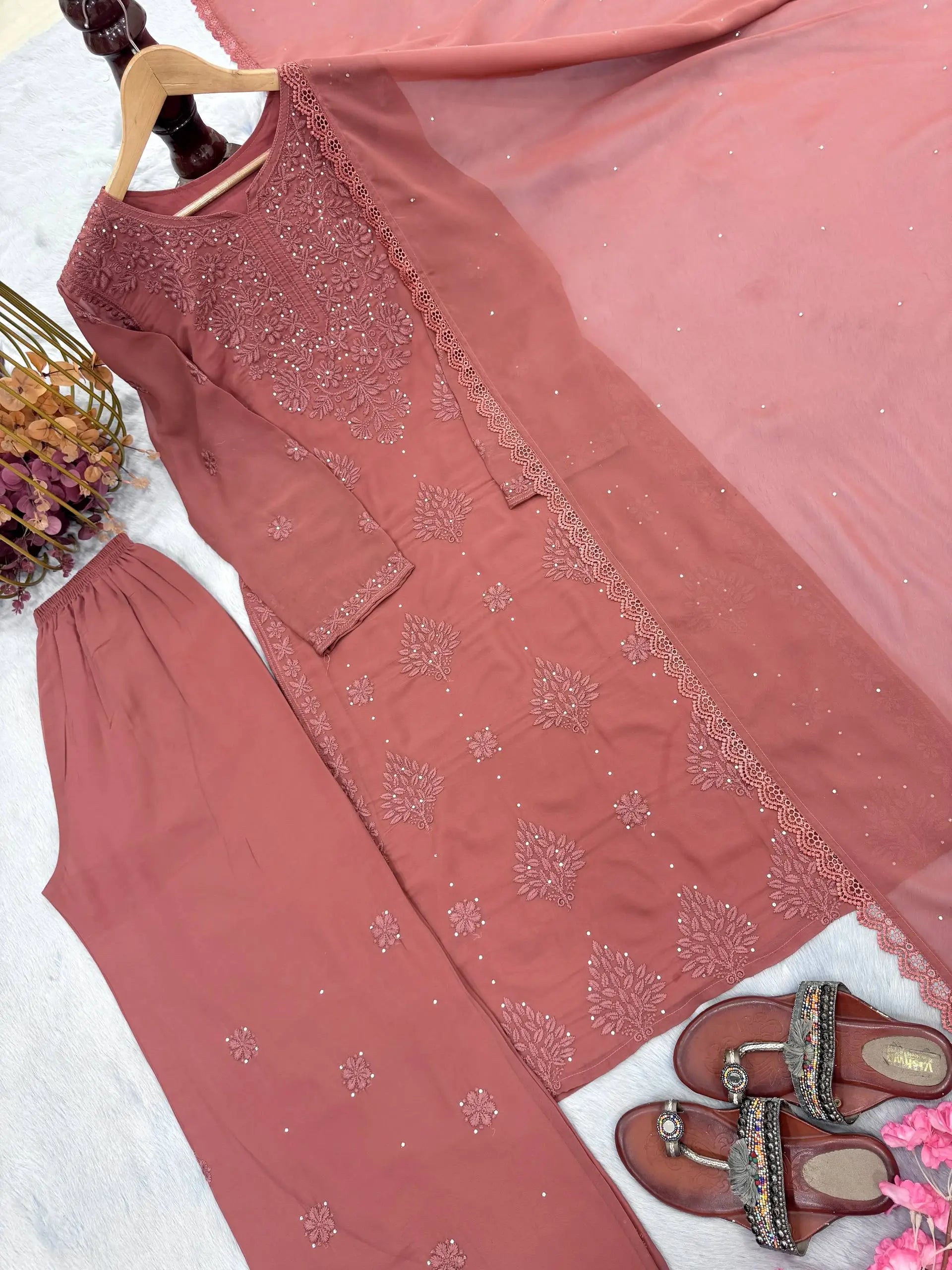 Heavy Faux Georgette Embroidered Plazzo Set with Dupatta – Diamond Hand Work & Lace Border