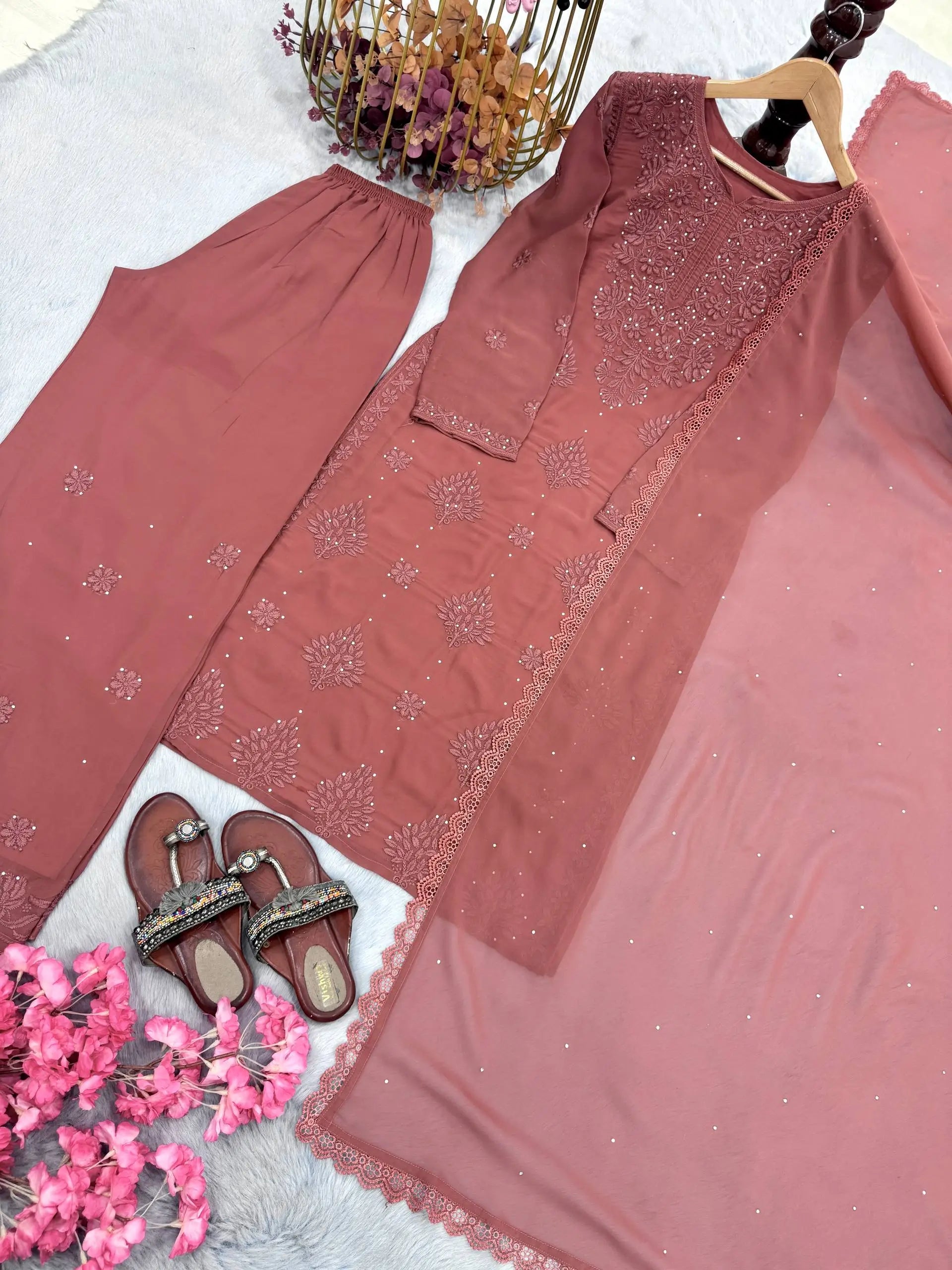 Heavy Faux Georgette Embroidered Plazzo Set with Dupatta – Diamond Hand Work & Lace Border