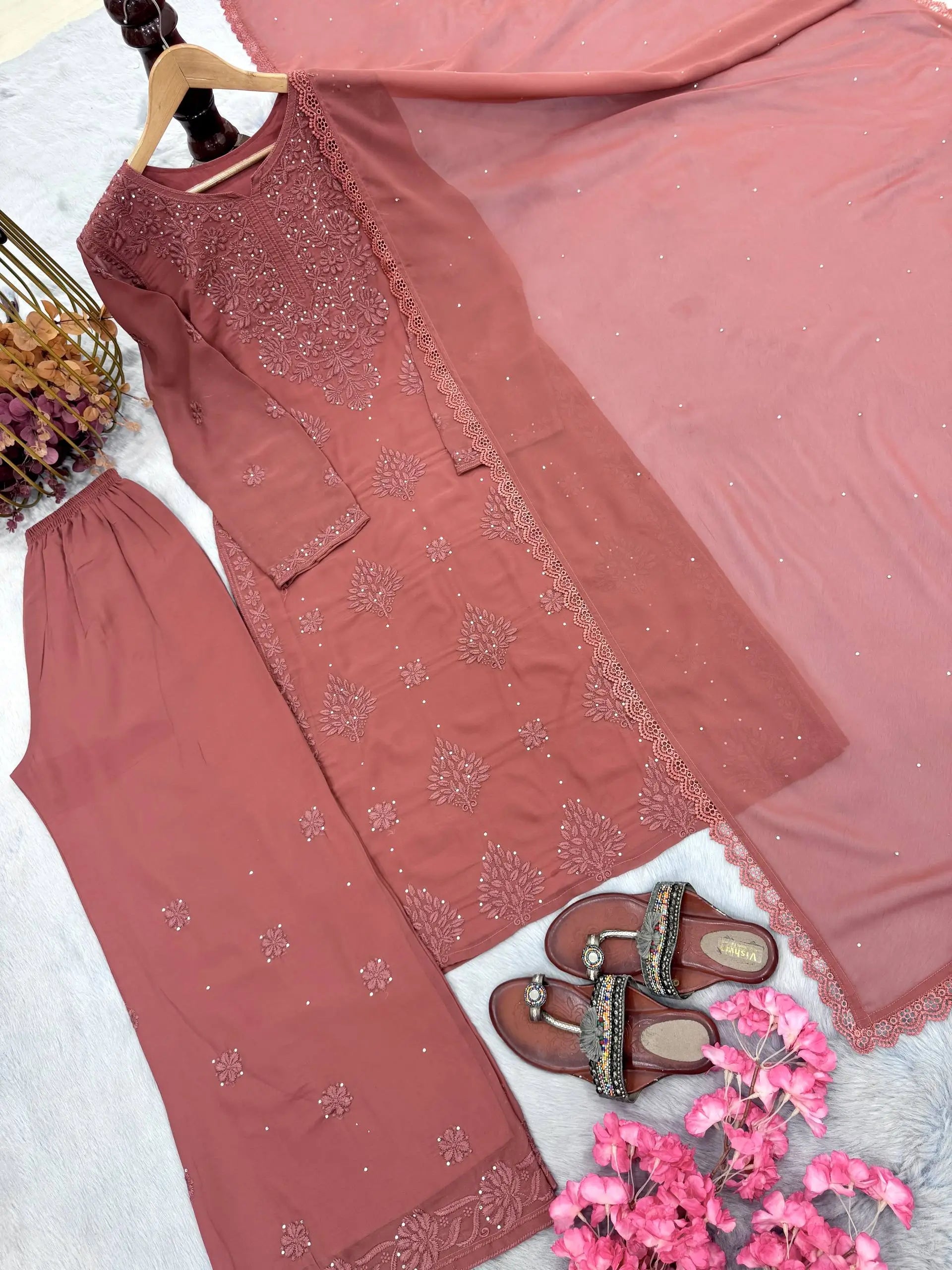 Heavy Faux Georgette Embroidered Plazzo Set with Dupatta – Diamond Hand Work & Lace Border
