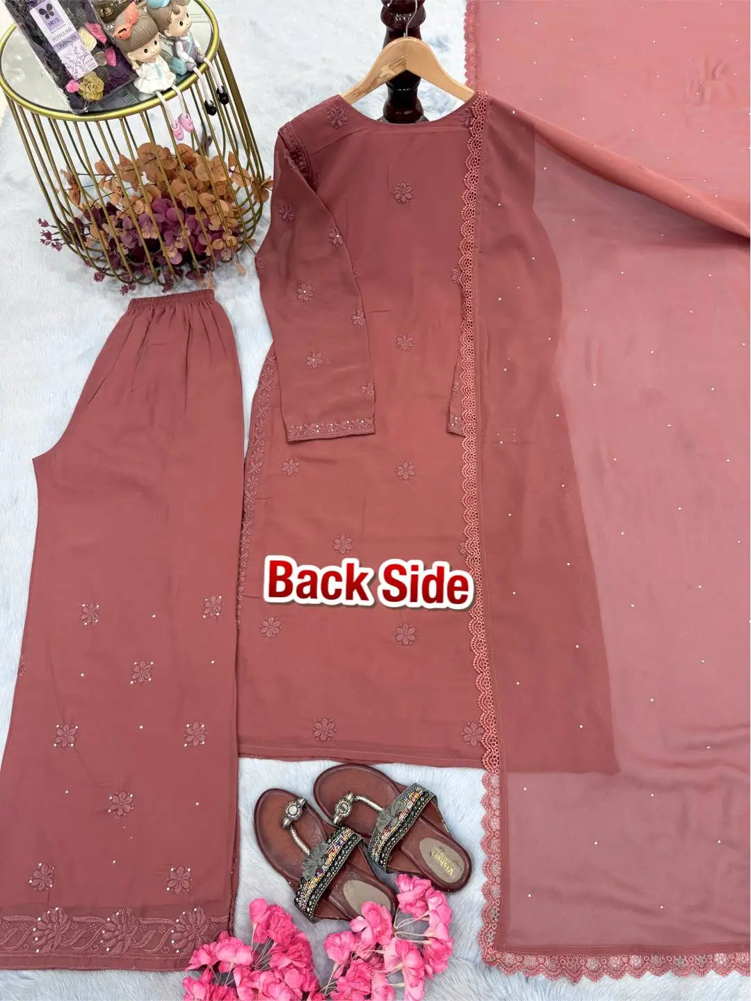 Heavy Faux Georgette Embroidered Plazzo Set with Dupatta – Diamond Hand Work & Lace Border
