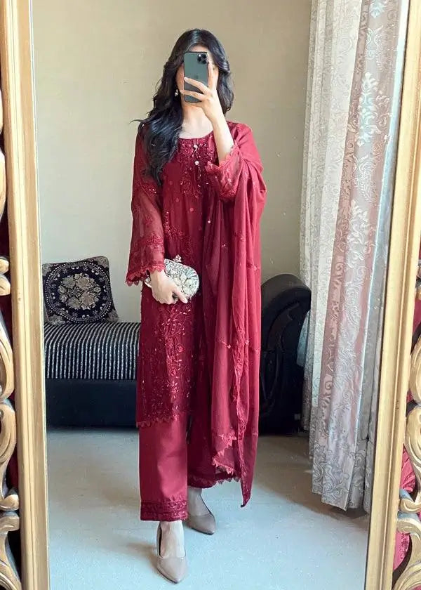 Heavy Faux Georgette Embroidered Plazzo Set with Dupatta – Sequins & Rivet Moti Work