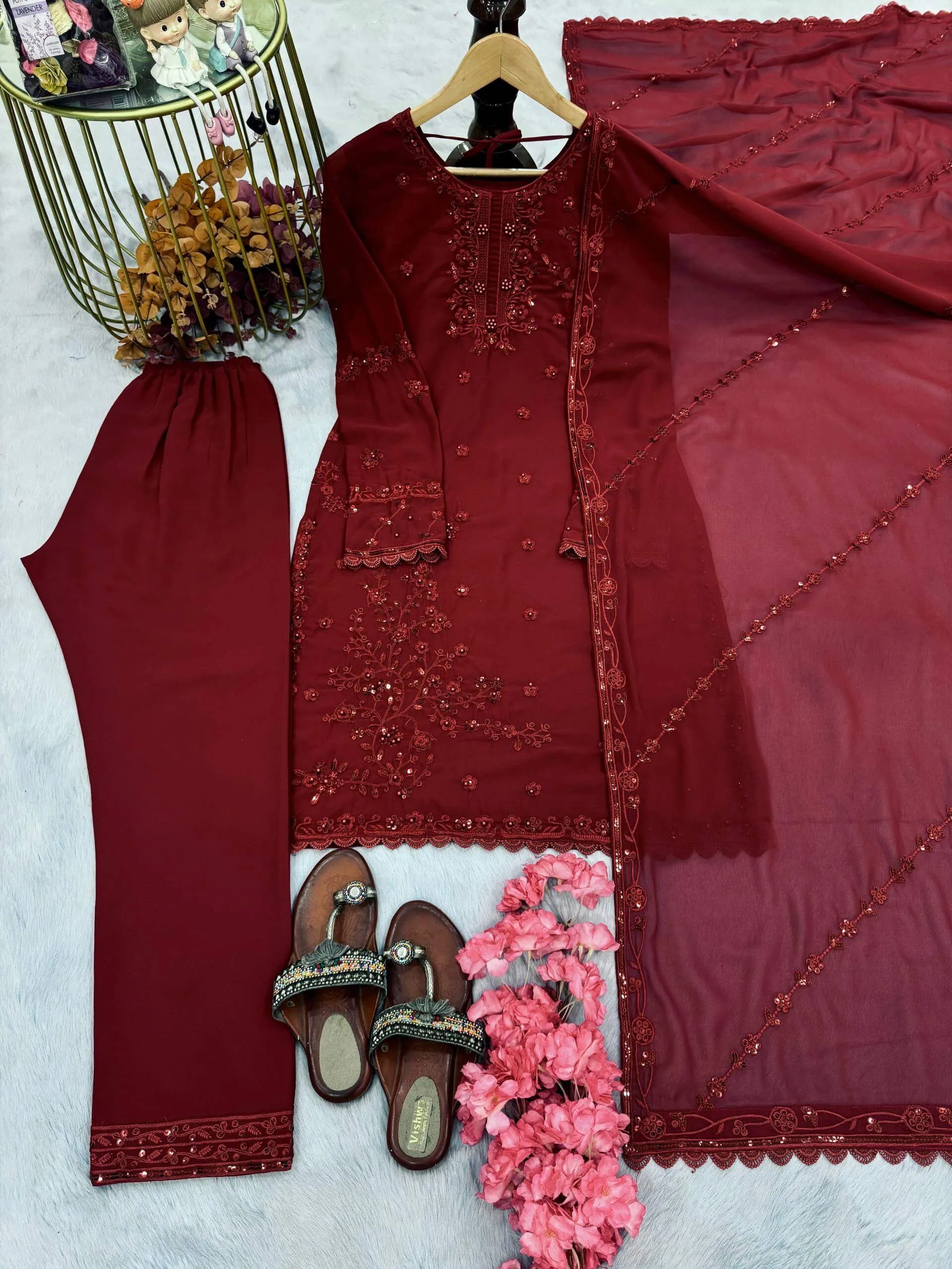 Heavy Faux Georgette Embroidered Plazzo Set with Dupatta – Sequins & Rivet Moti Work