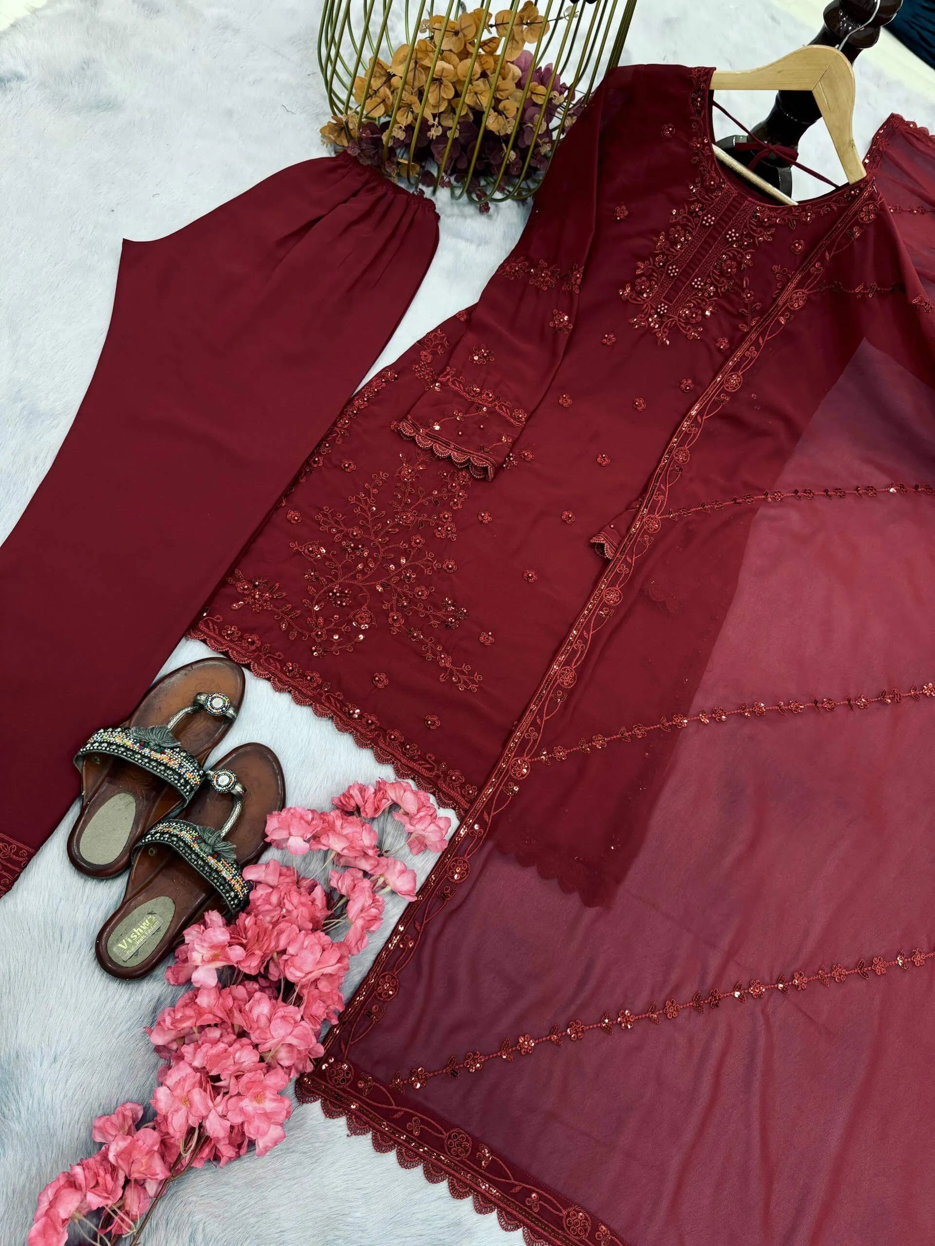Heavy Faux Georgette Embroidered Plazzo Set with Dupatta – Sequins & Rivet Moti Work