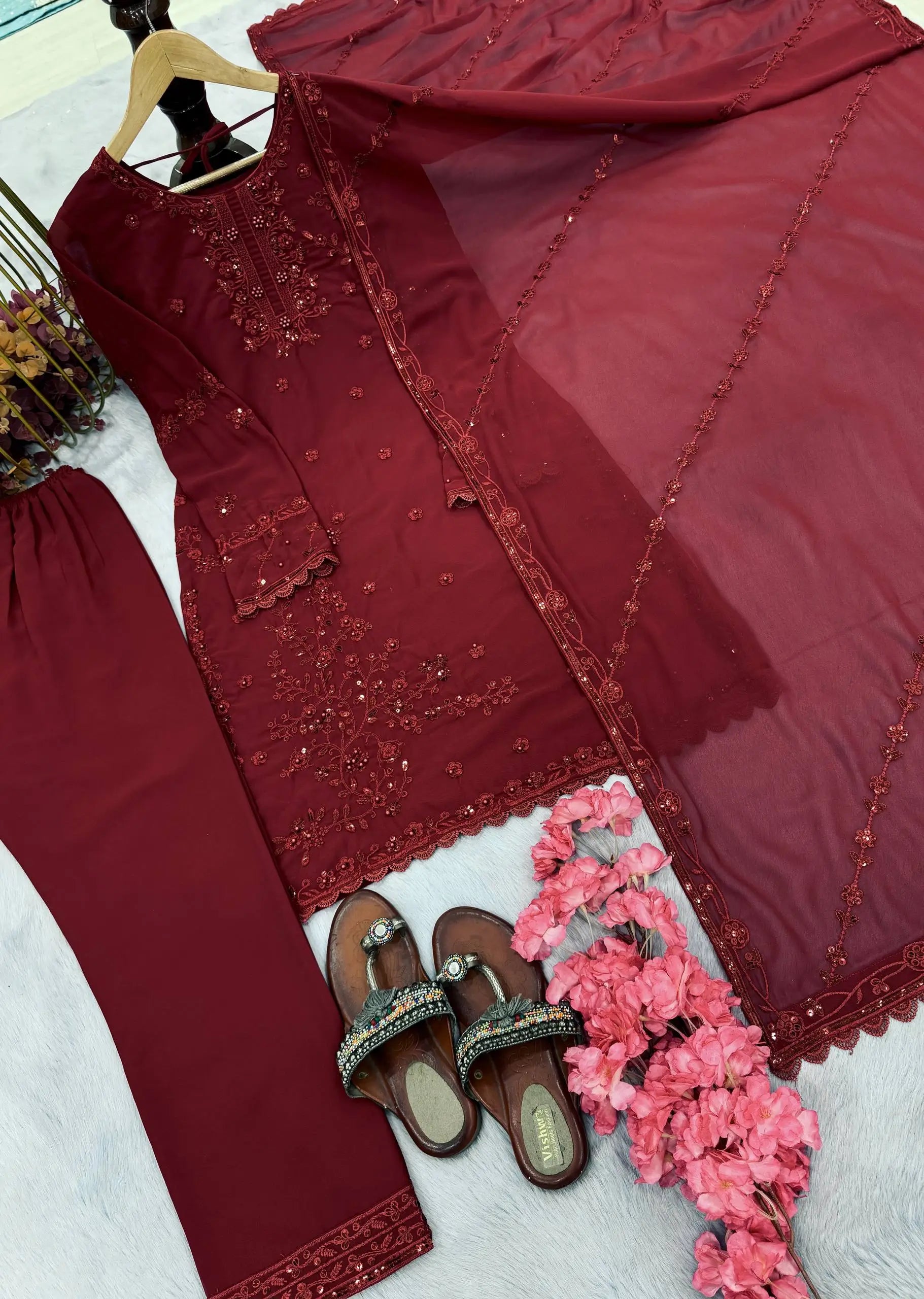Heavy Faux Georgette Embroidered Plazzo Set with Dupatta – Sequins & Rivet Moti Work