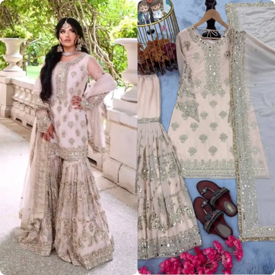 Heavy Faux Georgette Embroidered Sharara Set with Dupatta