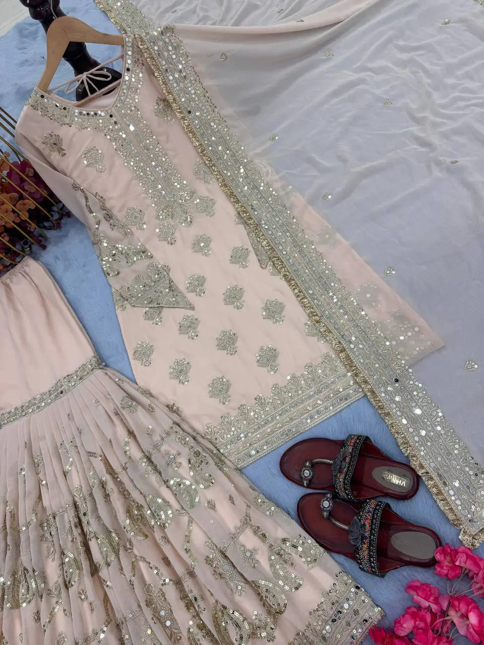 Heavy Faux Georgette Embroidered Sharara Set with Dupatta