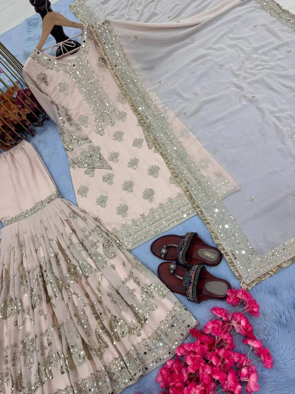 Heavy Faux Georgette Embroidered Sharara Set with Dupatta