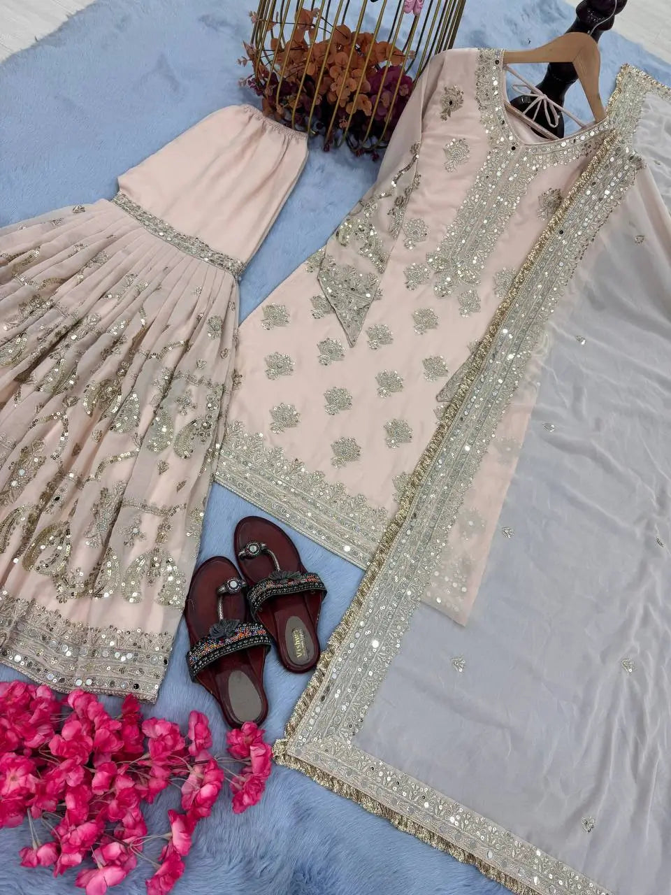 Heavy Faux Georgette Embroidered Sharara Set with Dupatta