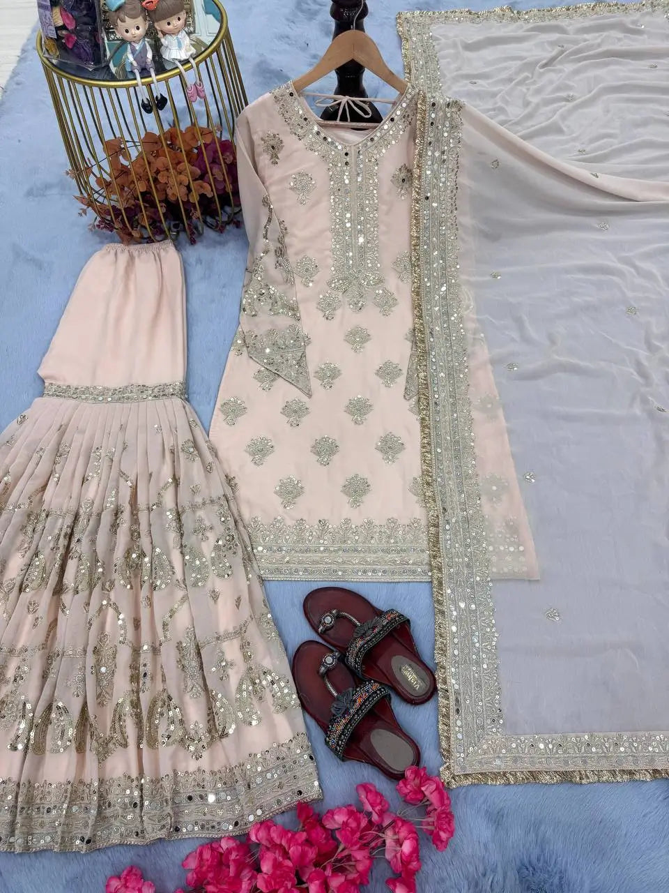 Heavy Faux Georgette Embroidered Sharara Set with Dupatta