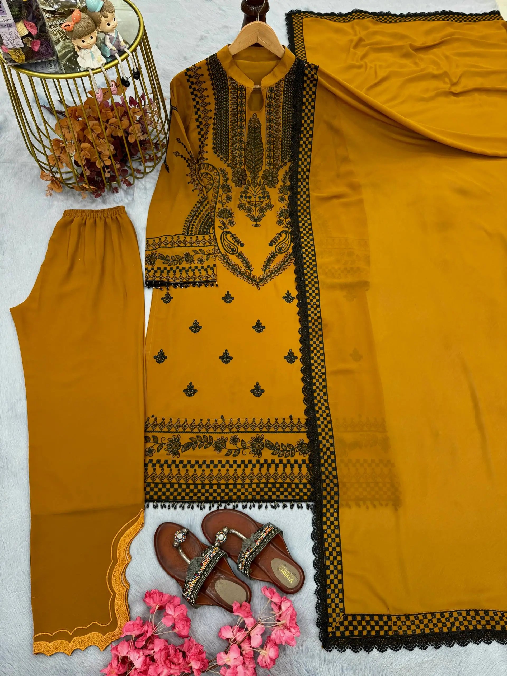 Heavy Faux Georgette Embroidered Suit Set with Plazzo & Dupatta – Festive Party Wear