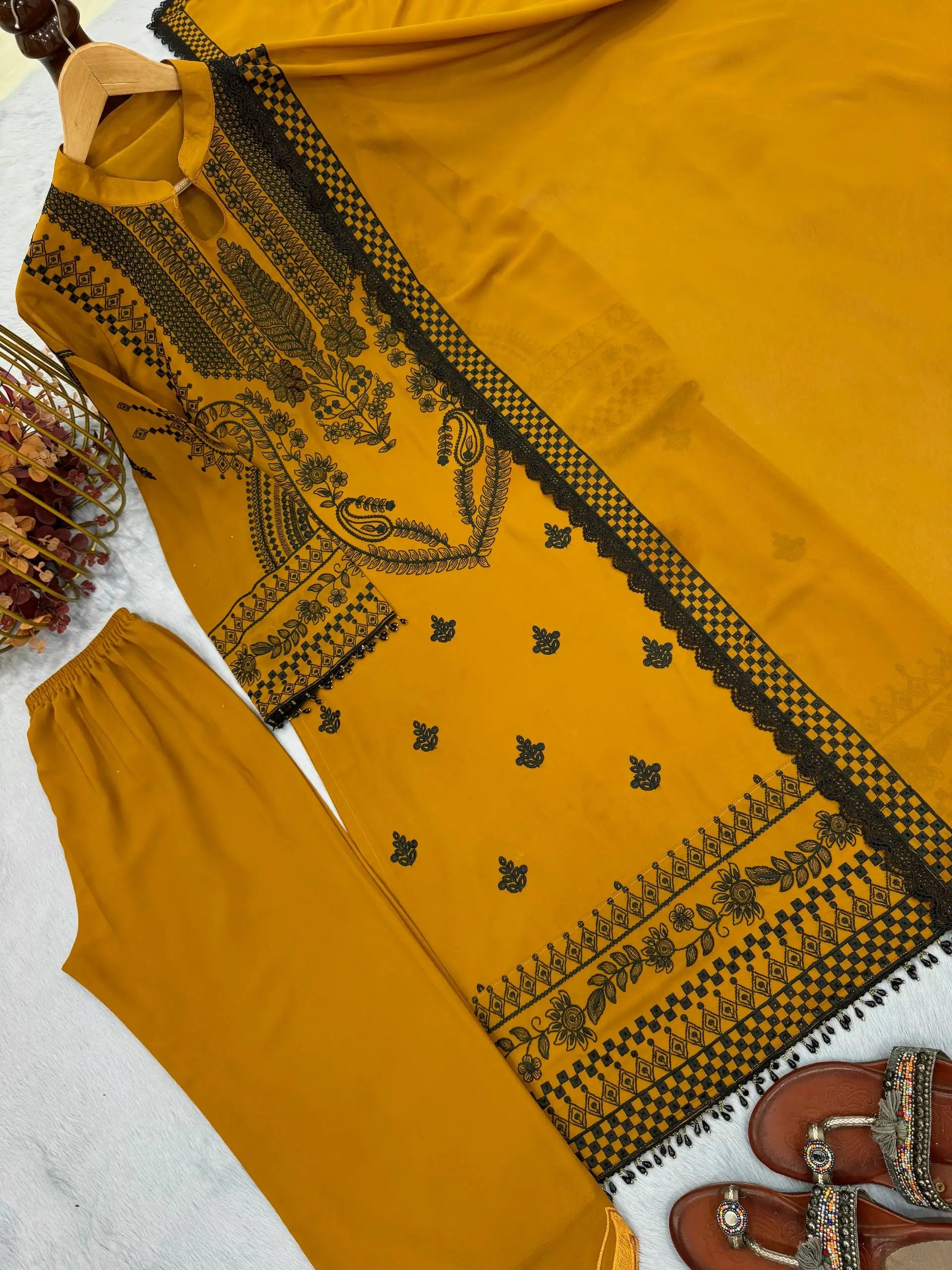 Heavy Faux Georgette Embroidered Suit Set with Plazzo & Dupatta – Festive Party Wear