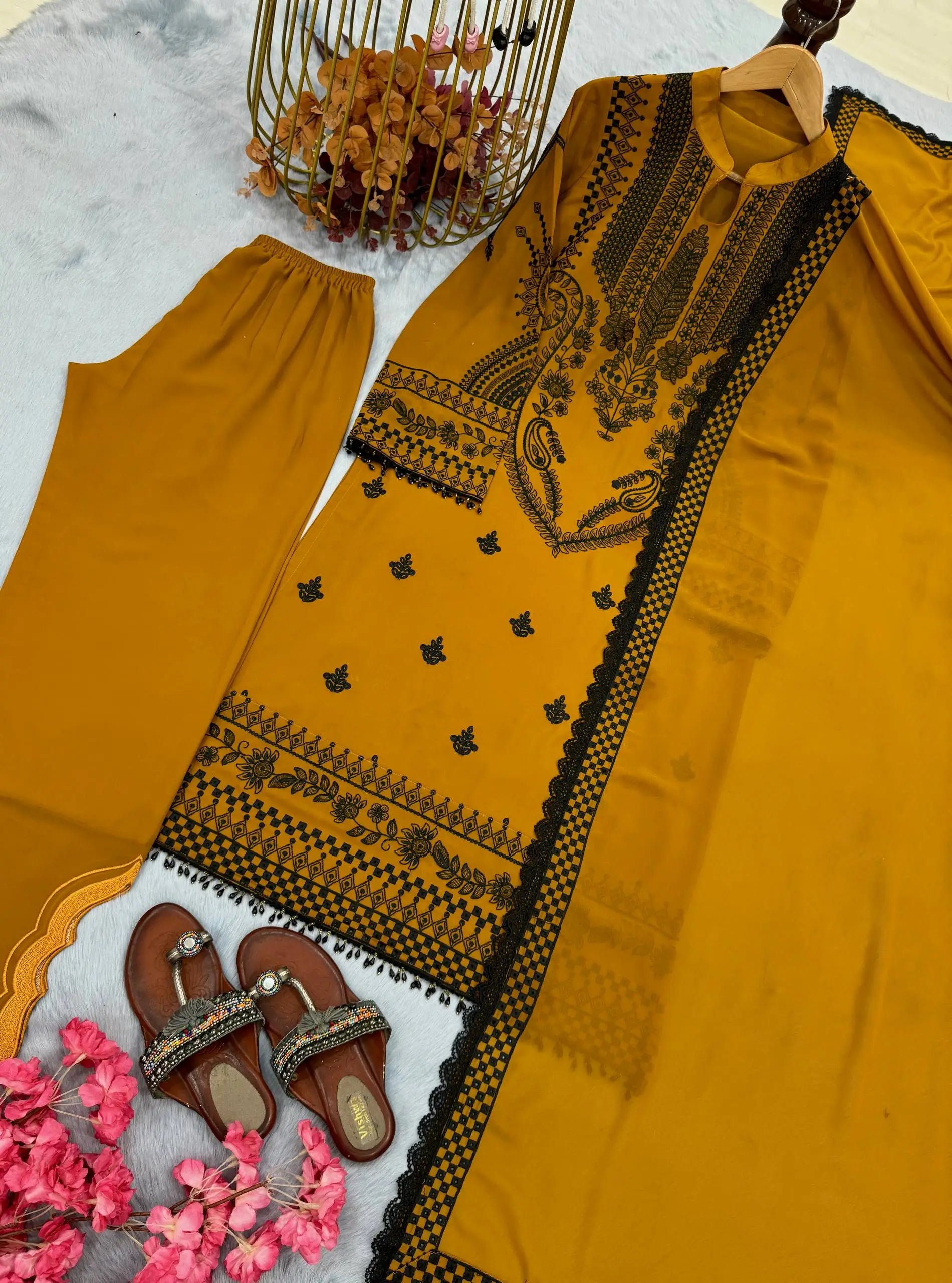 Heavy Faux Georgette Embroidered Suit Set with Plazzo & Dupatta – Festive Party Wear