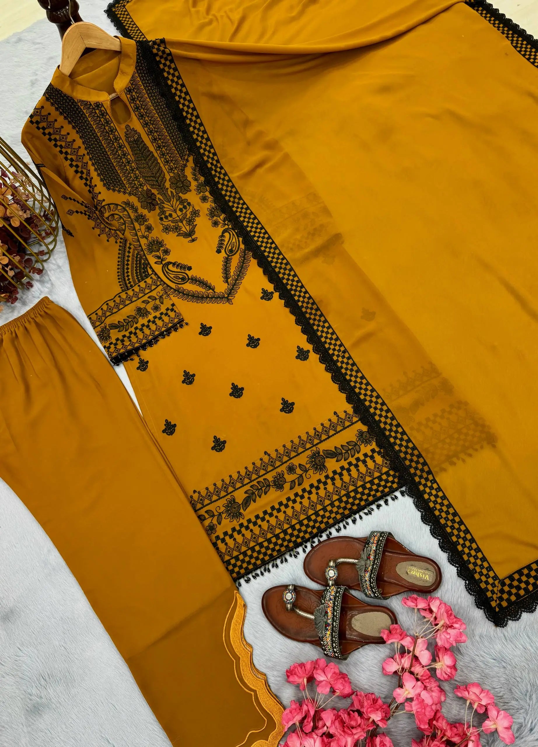 Heavy Faux Georgette Embroidered Suit Set with Plazzo & Dupatta – Festive Party Wear
