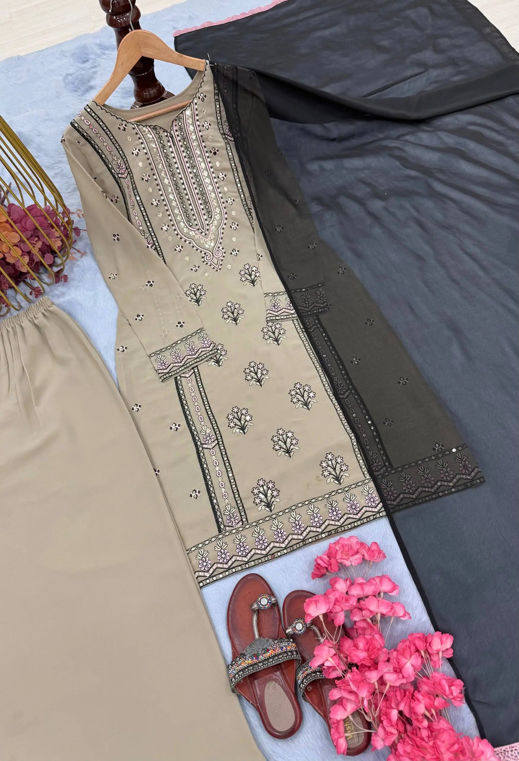 Heavy Faux Georgette Embroidered Suit Set with Sequence Work & Dupatta – Elegant Festive Wear