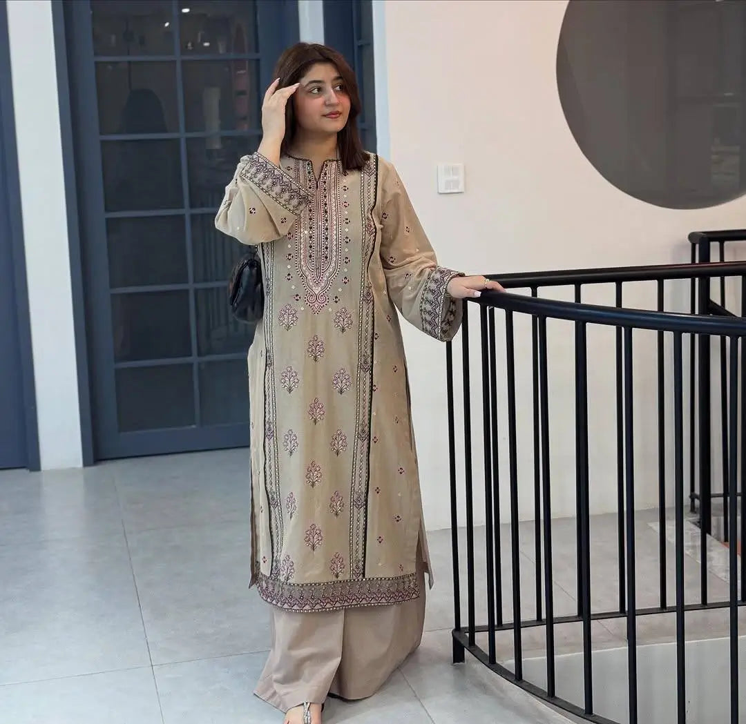 Heavy Faux Georgette Embroidered Suit Set with Sequence Work & Dupatta – Elegant Festive Wear