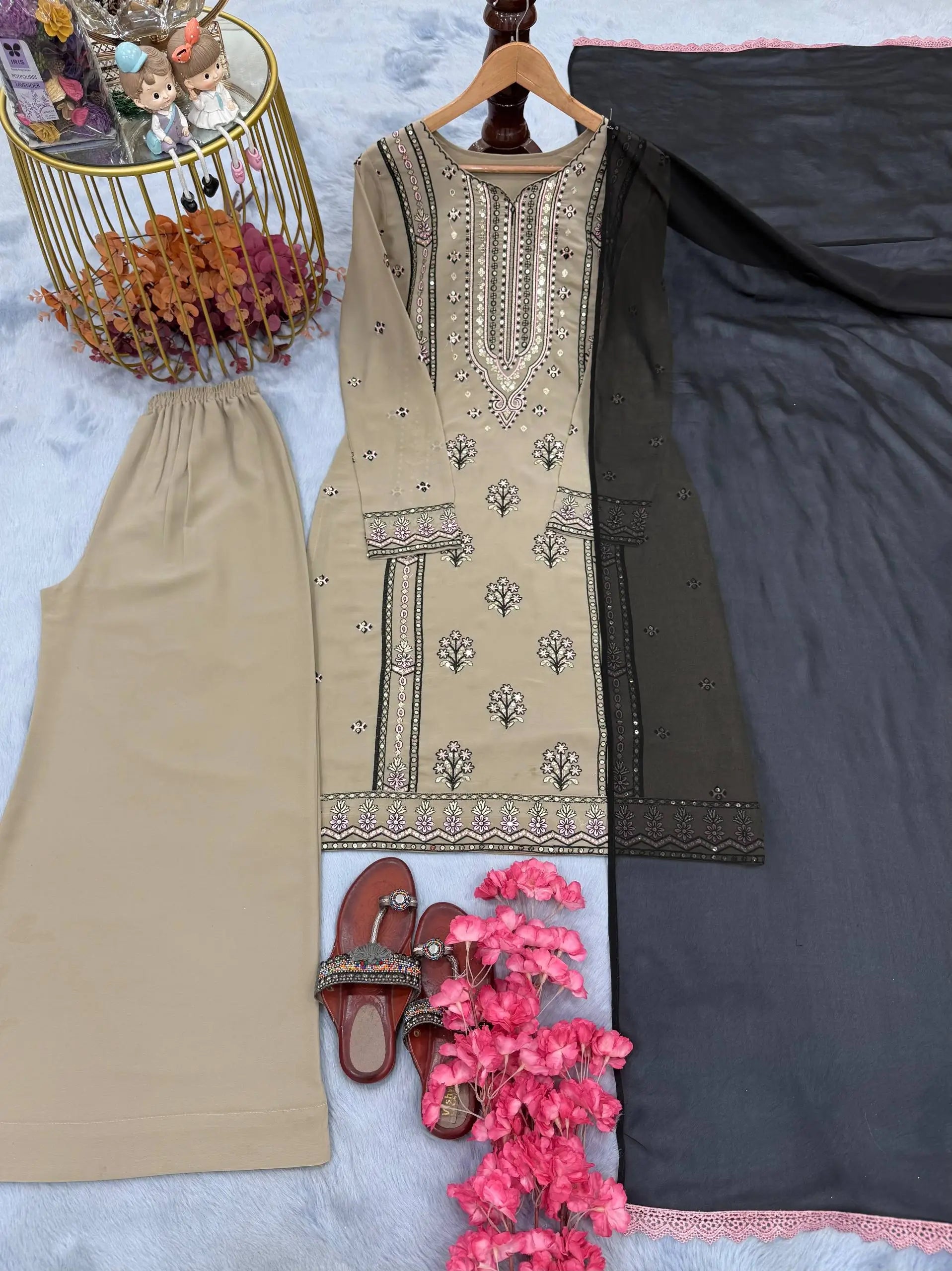 Heavy Faux Georgette Embroidered Suit Set with Sequence Work & Dupatta – Elegant Festive Wear