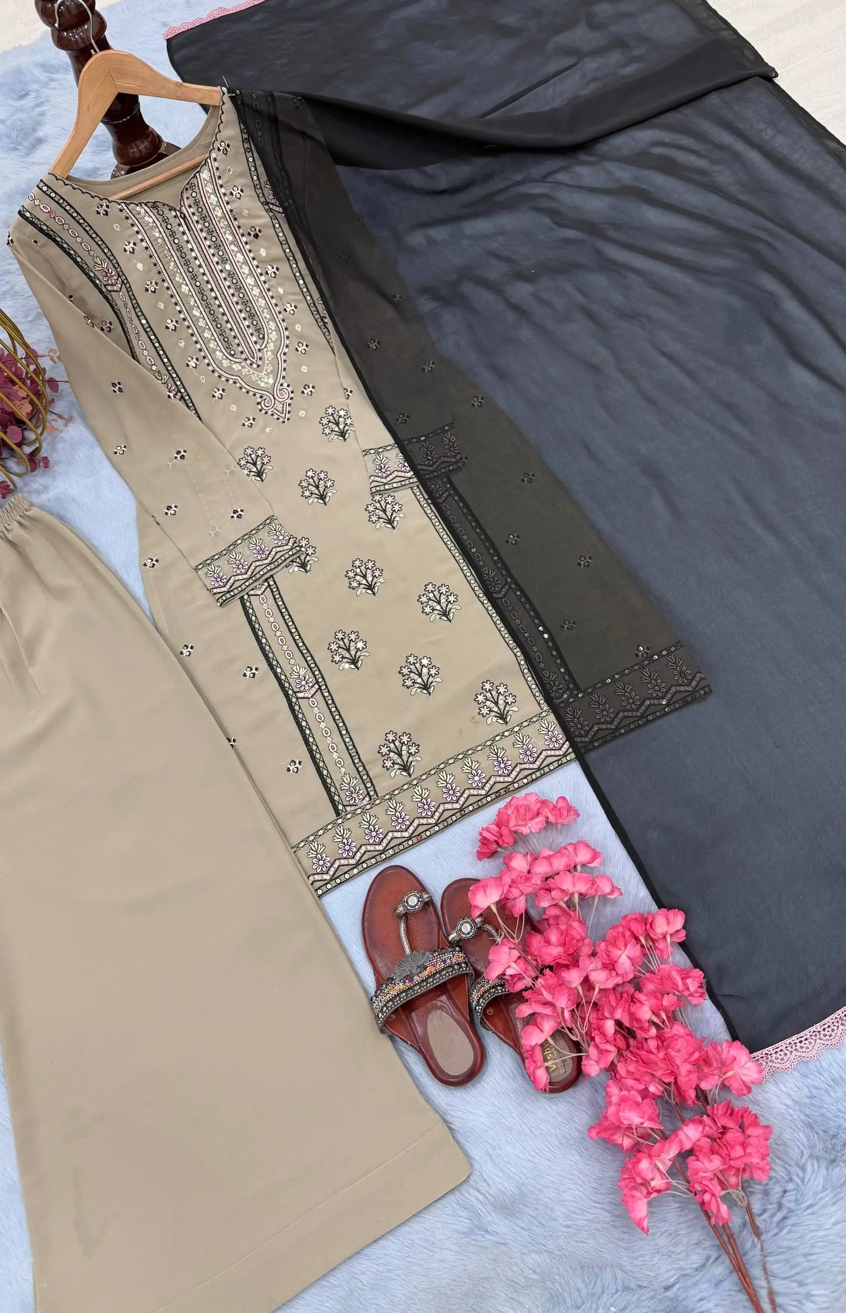 Heavy Faux Georgette Embroidered Suit Set with Sequence Work & Dupatta – Elegant Festive Wear