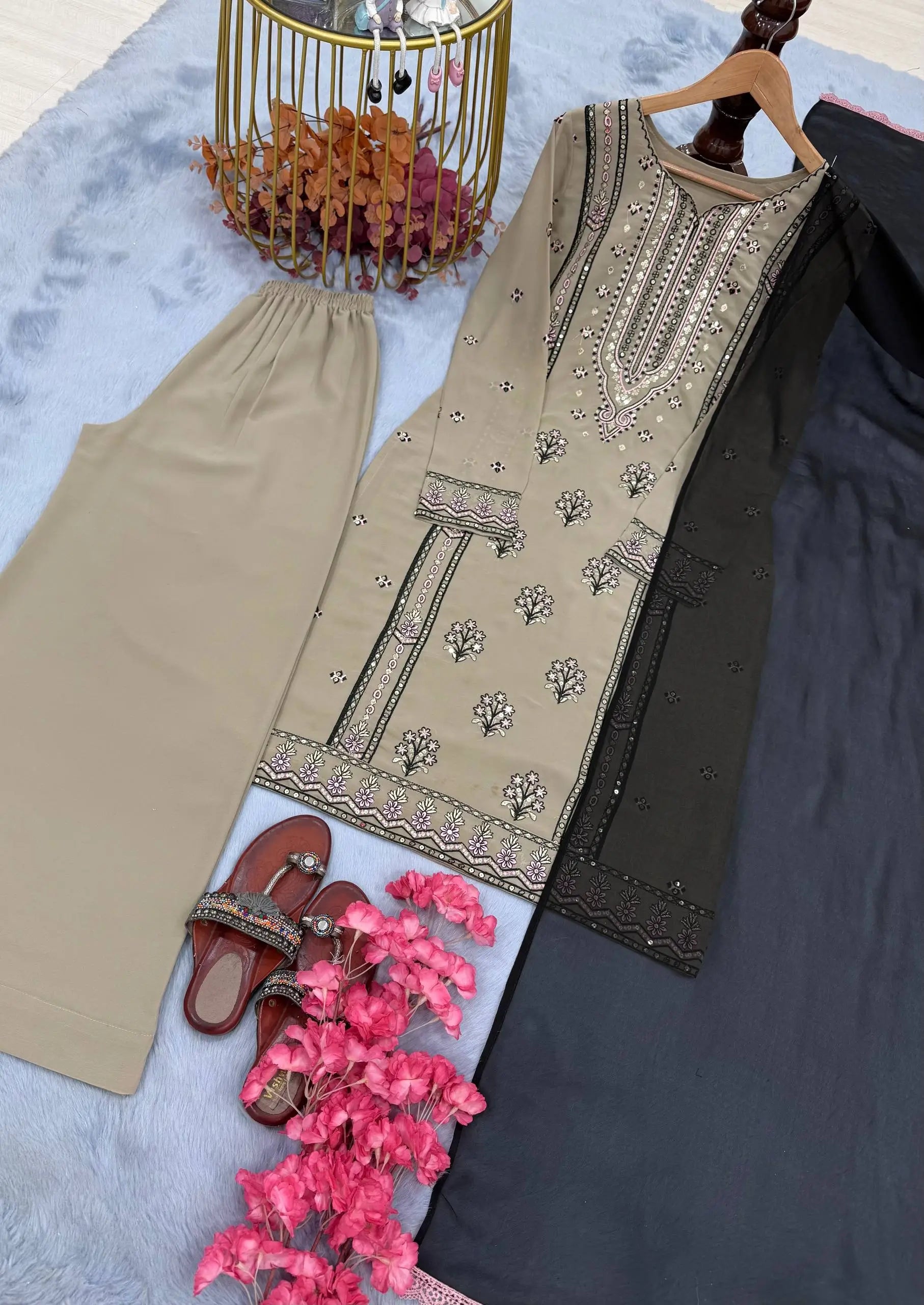 Heavy Faux Georgette Embroidered Suit Set with Sequence Work & Dupatta – Elegant Festive Wear
