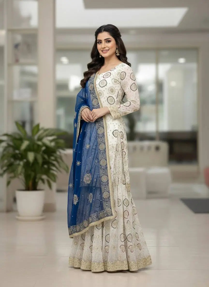 Heavy Faux Georgette Embroidered Top Sharara Plazzo Set with Lace Border Dupatta