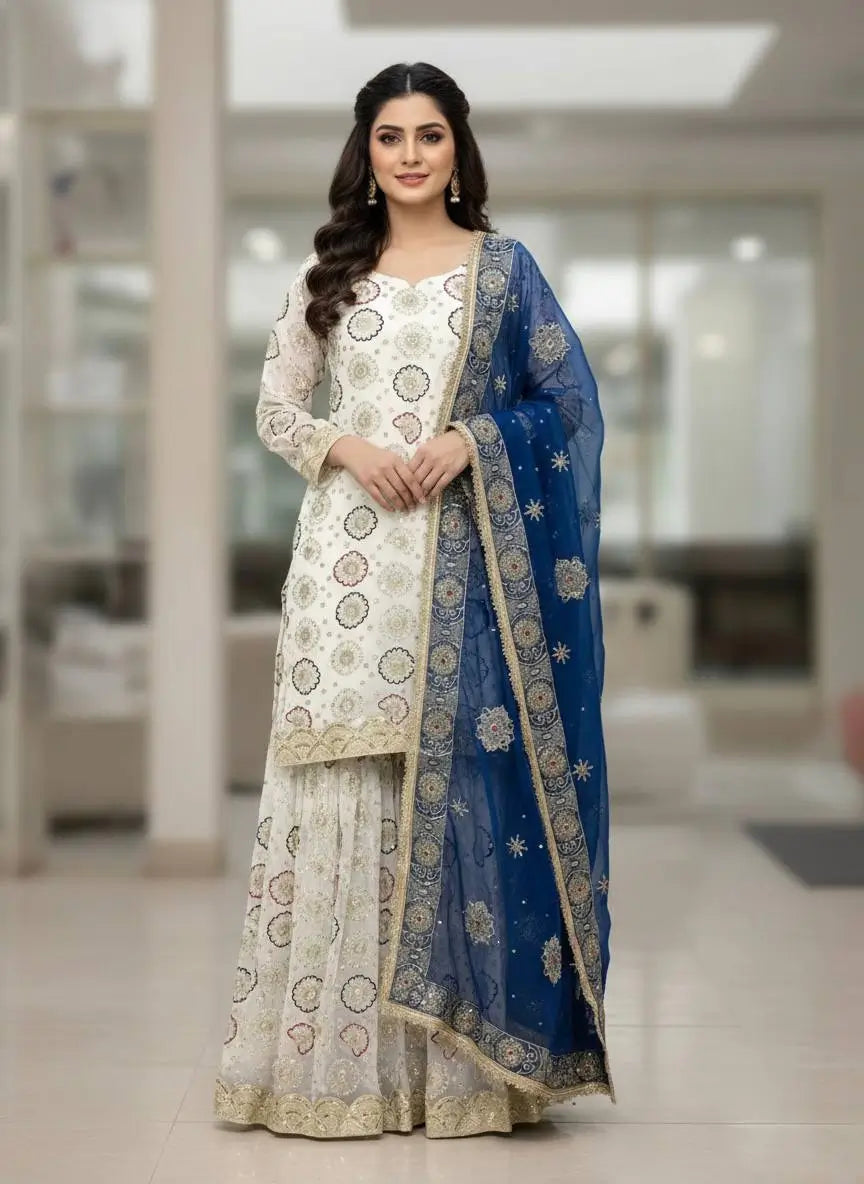 Heavy Faux Georgette Embroidered Top Sharara Plazzo Set with Lace Border Dupatta