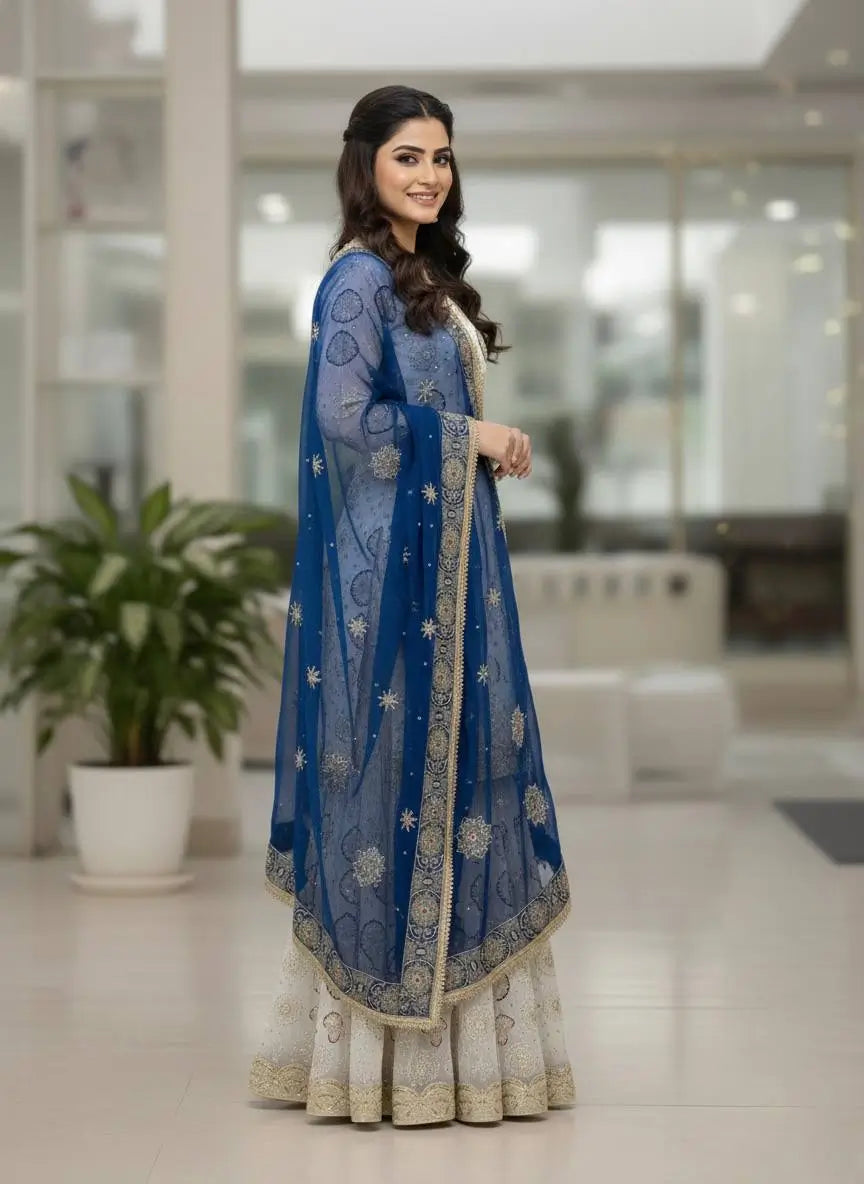 Heavy Faux Georgette Embroidered Top Sharara Plazzo Set with Lace Border Dupatta