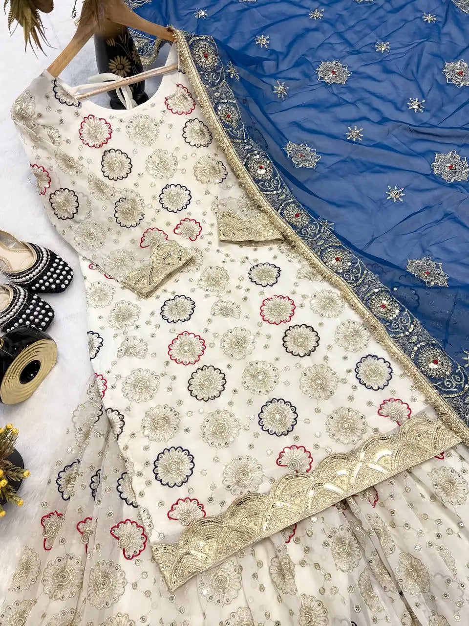 Heavy Faux Georgette Embroidered Top Sharara Plazzo Set with Lace Border Dupatta