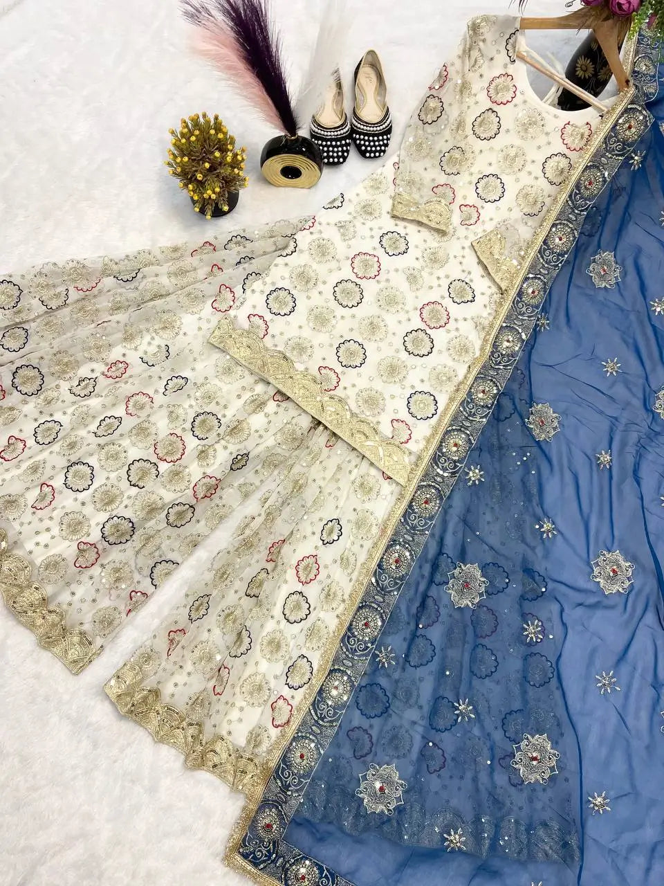 Heavy Faux Georgette Embroidered Top Sharara Plazzo Set with Lace Border Dupatta