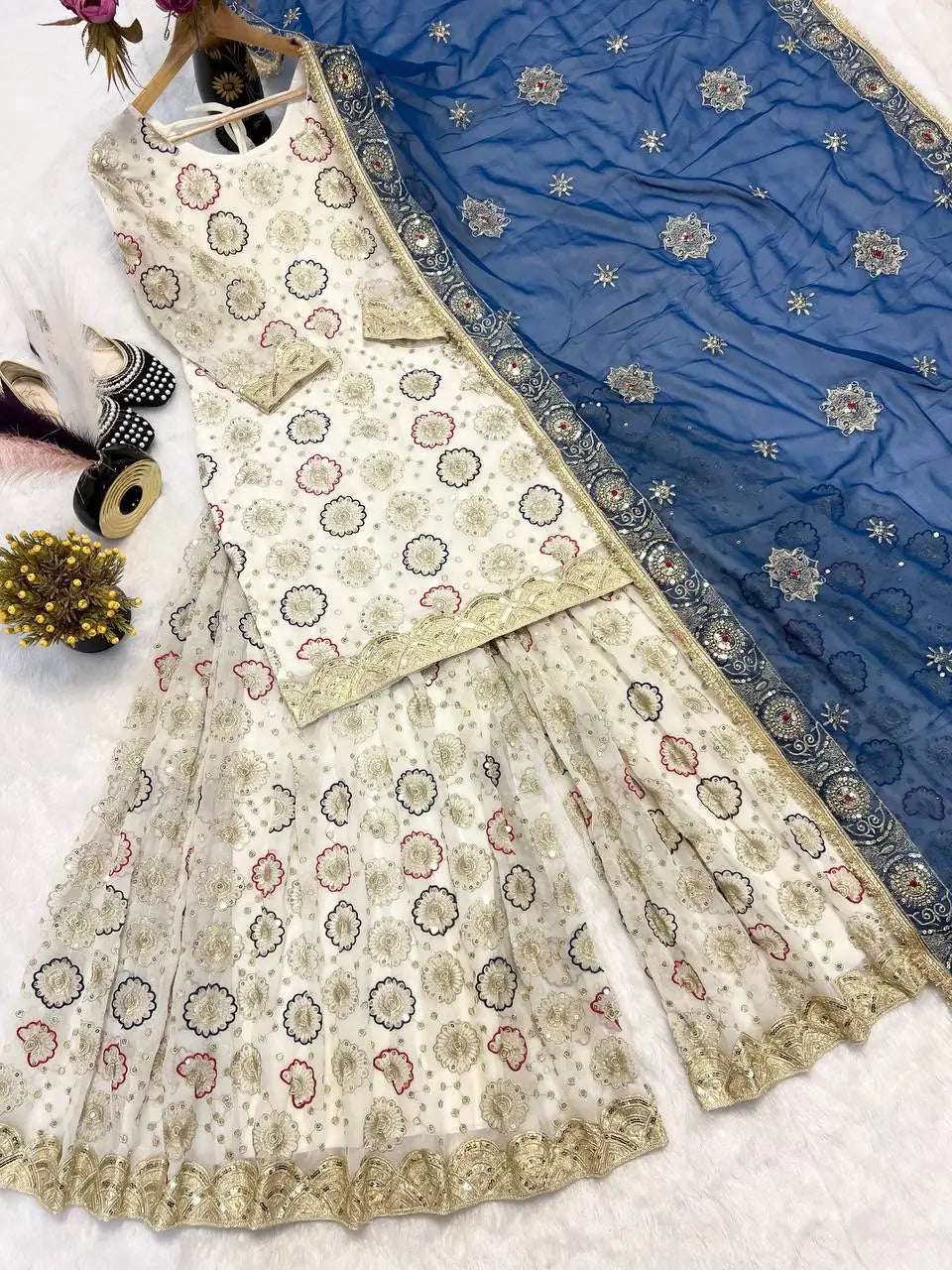 Heavy Faux Georgette Embroidered Top Sharara Plazzo Set with Lace Border Dupatta