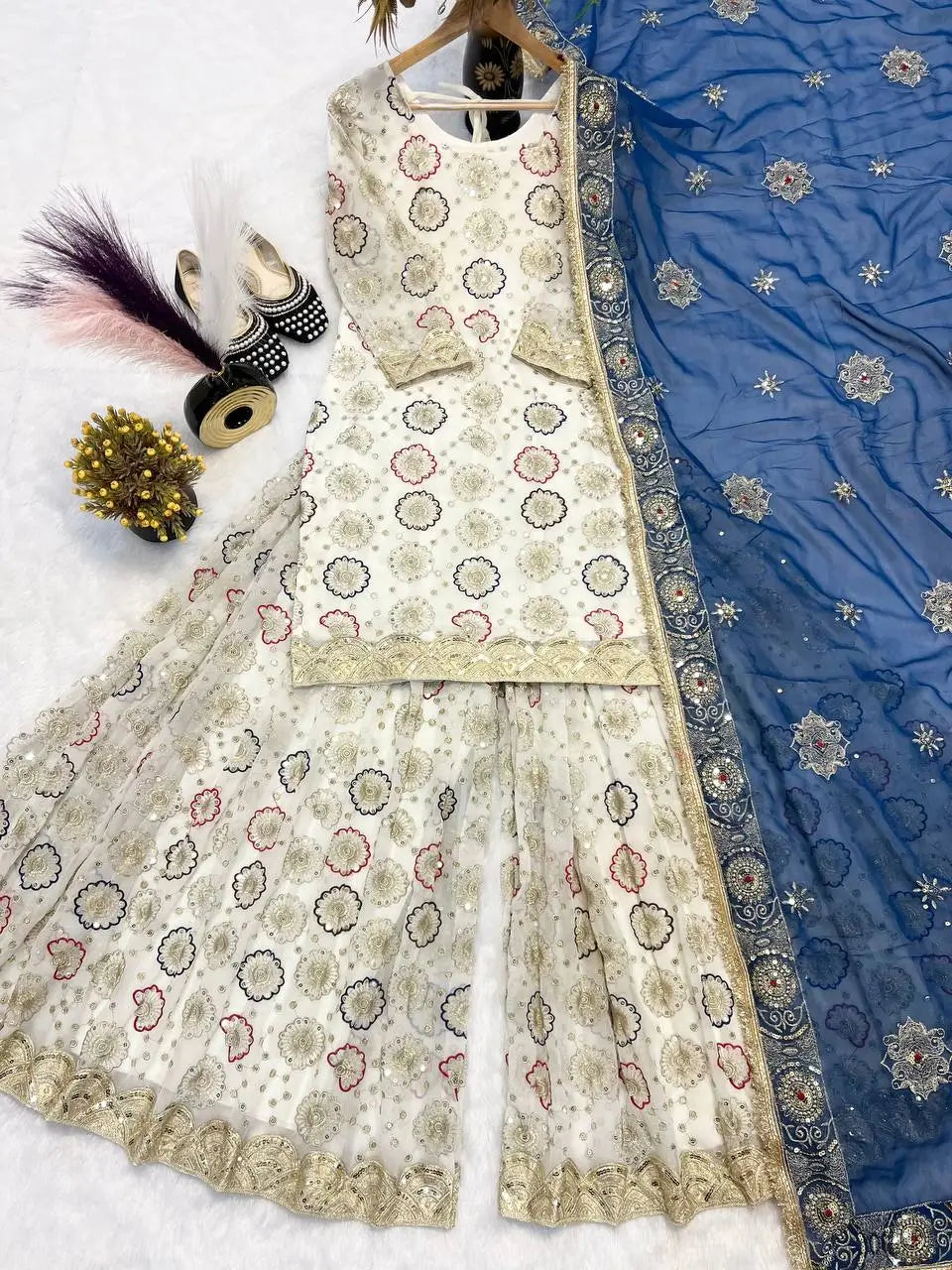 Heavy Faux Georgette Embroidered Top Sharara Plazzo Set with Lace Border Dupatta