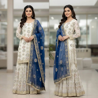 Heavy Faux Georgette Embroidered Top Sharara Plazzo Set with Lace Border Dupatta